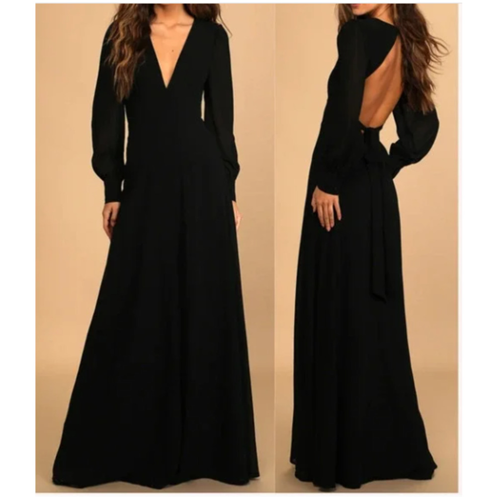 LULU'S SZ M Talk About Divine Black Long Sleeve Backless Maxi Dress NWT B164